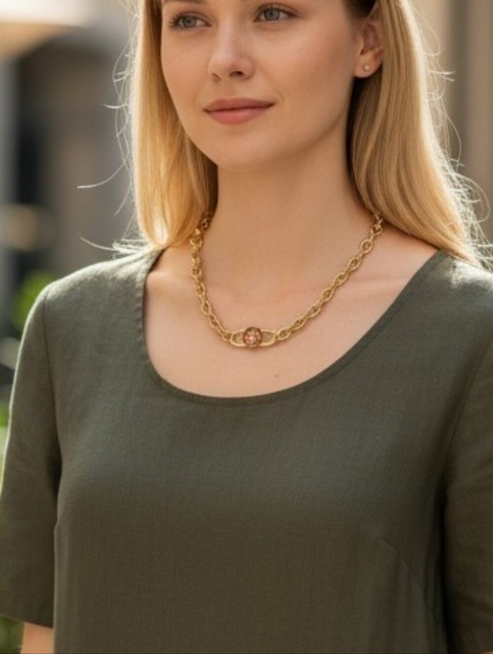 Gold-Tone Chain Necklace with Center Stone